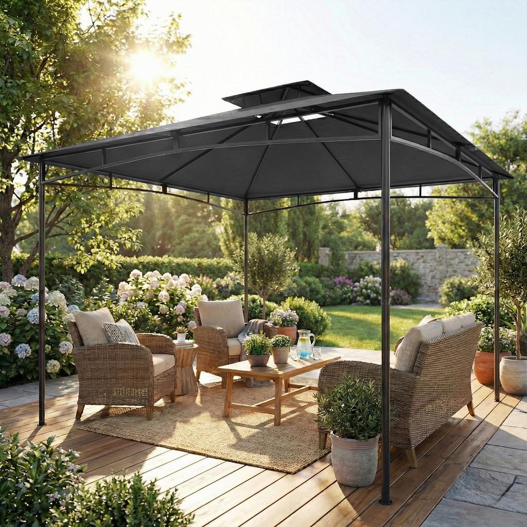 3 x 3 m Gazebo, Garden Gazebo with 2-Tier Roof, Metal Frame, Dark Grey