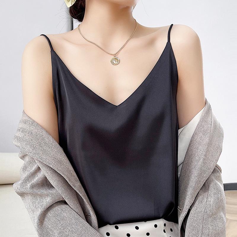 Camisola de seda para mujer, primavera y verano, escote en V ajustado, top interior de temperamento corto