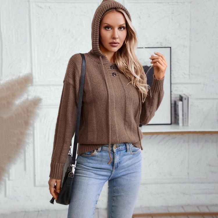 Vintage Pullover Sweater Hooded Loose Long Sleeve V-Neck Solid Color Knitwear Top for Autumn Winter