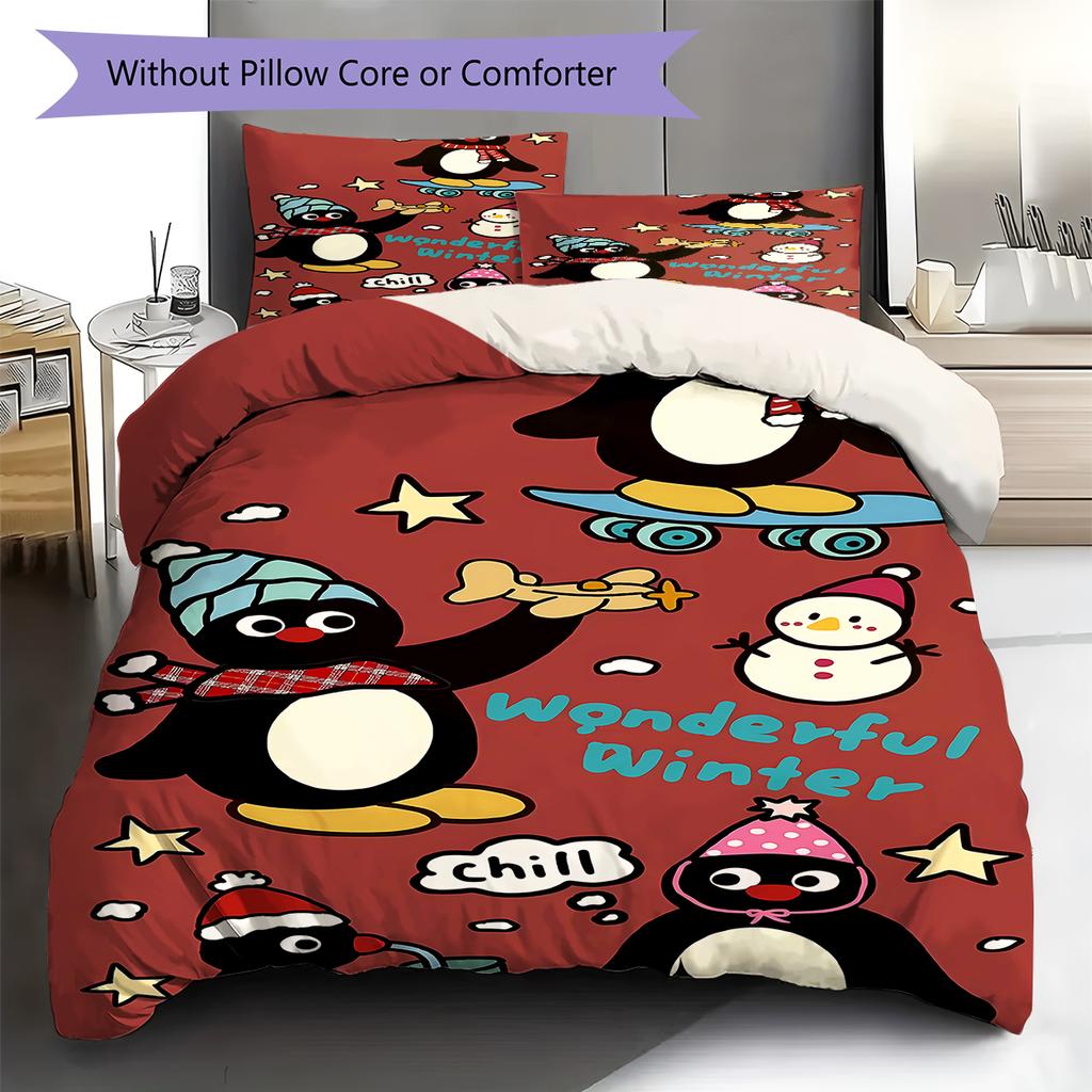 מצעי פינגווי, סט שמיכה כיסוי שמיכה ציפית לציפית מתנת יום הולדת לבית (1 * כיסוי שמיכה + 2 * ציפות, ללא ליבה)