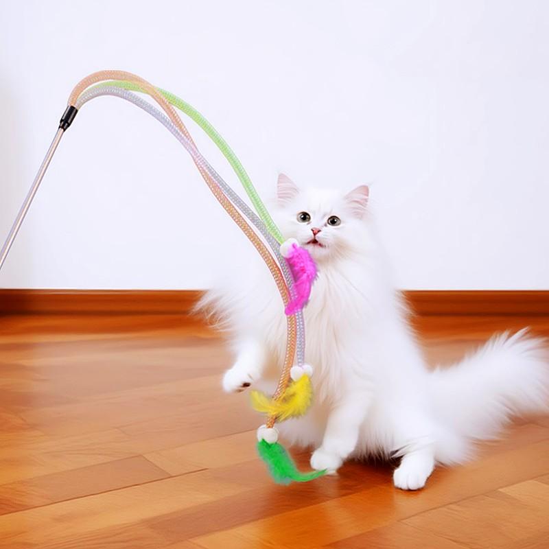 Cat Toy Feather Cats Sticks Elastic Mesh Cat Toys Interactive Funny Toy Cats Stick Teaser with Bell Wool Ball Toys Pet Products