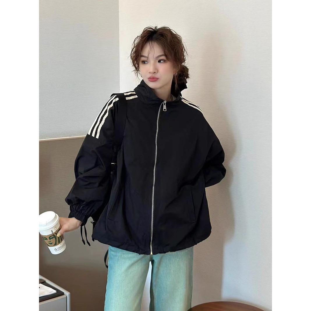 

Women s Spring 2024 Three-Stripe Stand Collar Baseball Jacket Windbreaker L [115-130 lbs] рожевий