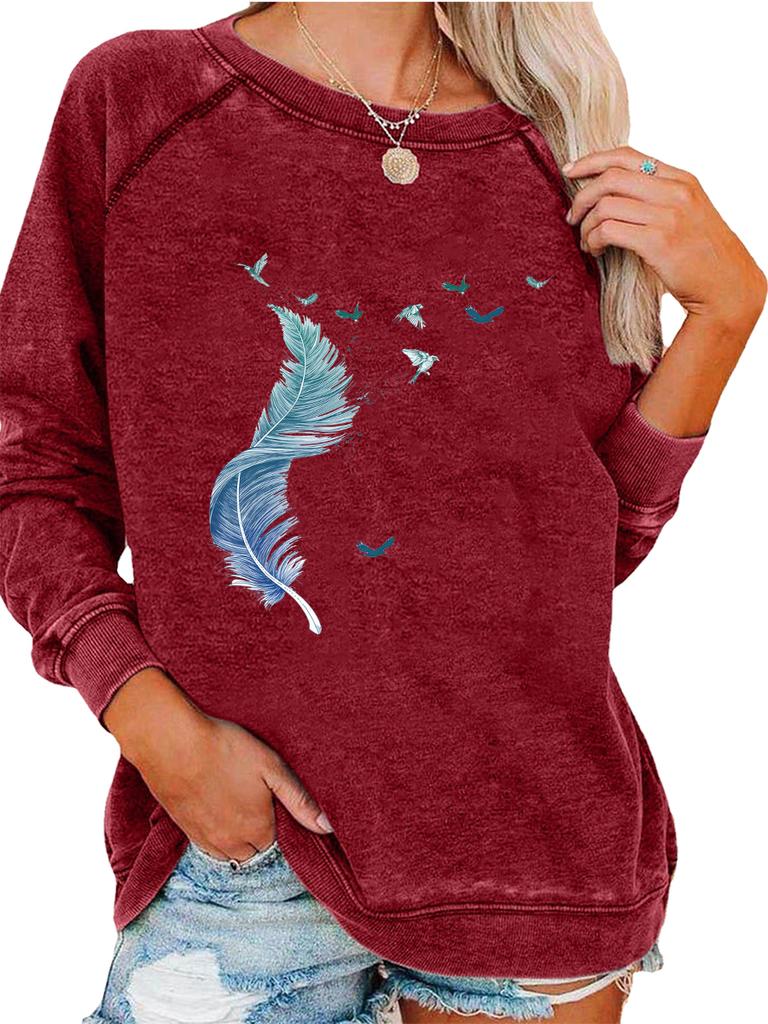 Ladies Spring/Fall Sweatshirt Women's Oversized Pullover Sweatshirt Fashion Feather Print Top