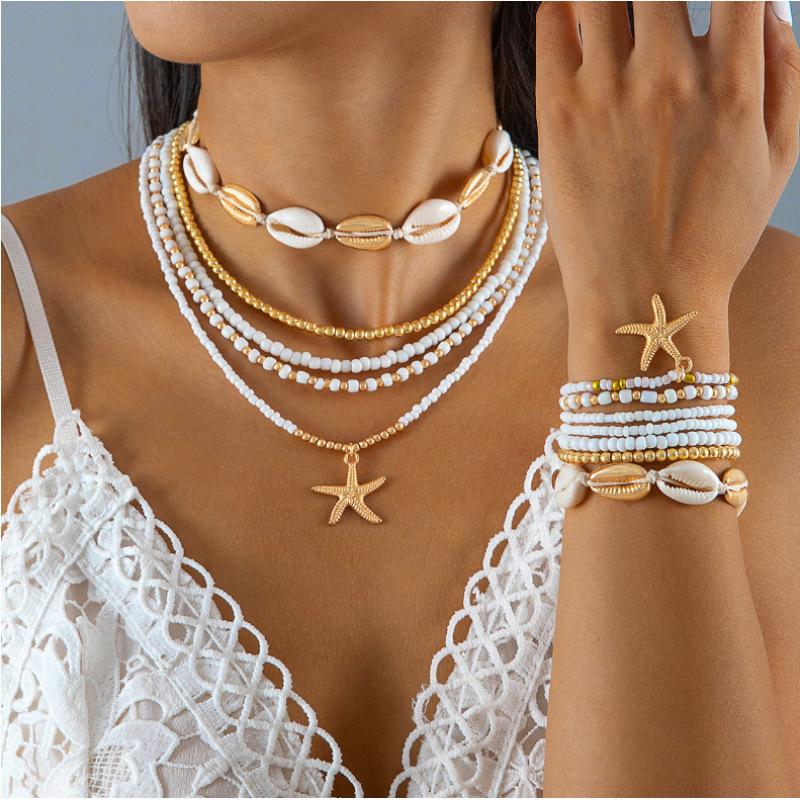 Bohemian Color Rice Bead Braided Rope Necklace Bracelet Set, Beach Wind Starfish Jewelry Twelve-piece Set