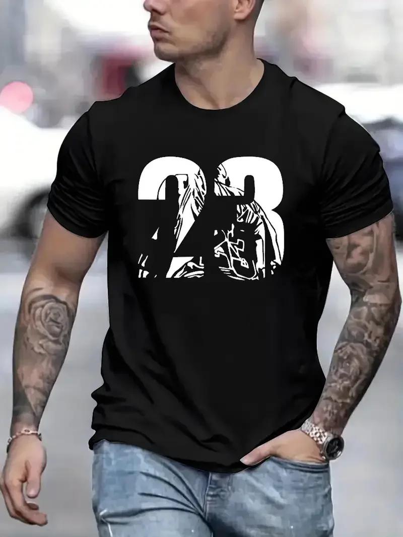 

23 Letter Print Men s Short Sleeve Crew Neck T-Shirts, Comfy Breathable Casual Stretchable Tops, Men s Clothings S