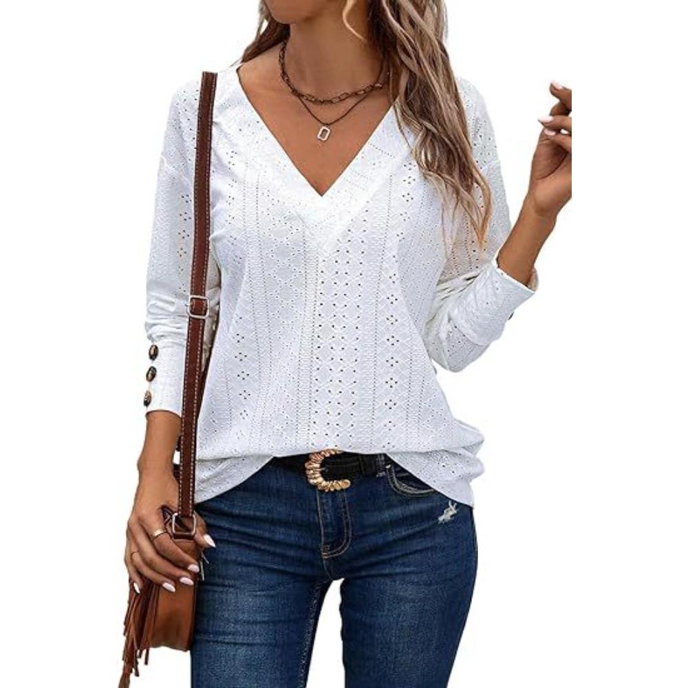 Women s V Neck Long Sleeve Eyelet Embroidery Casual Blouse with Button Cuffs S белый
