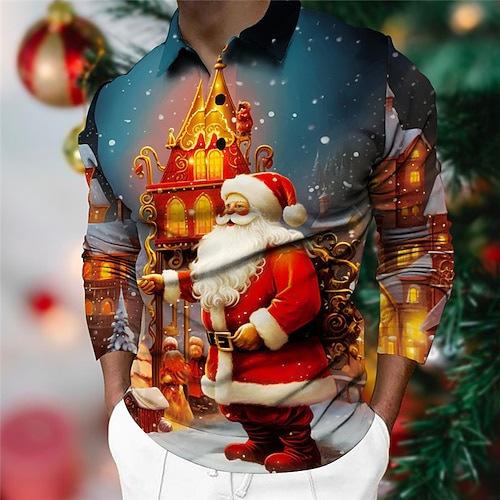 Festive Season! Christmas Print Long Sleeve Polo, Zip Collar Holiday Top