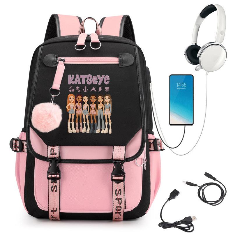 KATSEYE Girlgroup Cartoon Rucksack USB-Ladeanschluss Schultasche 60123-1 Leicht Freizeit