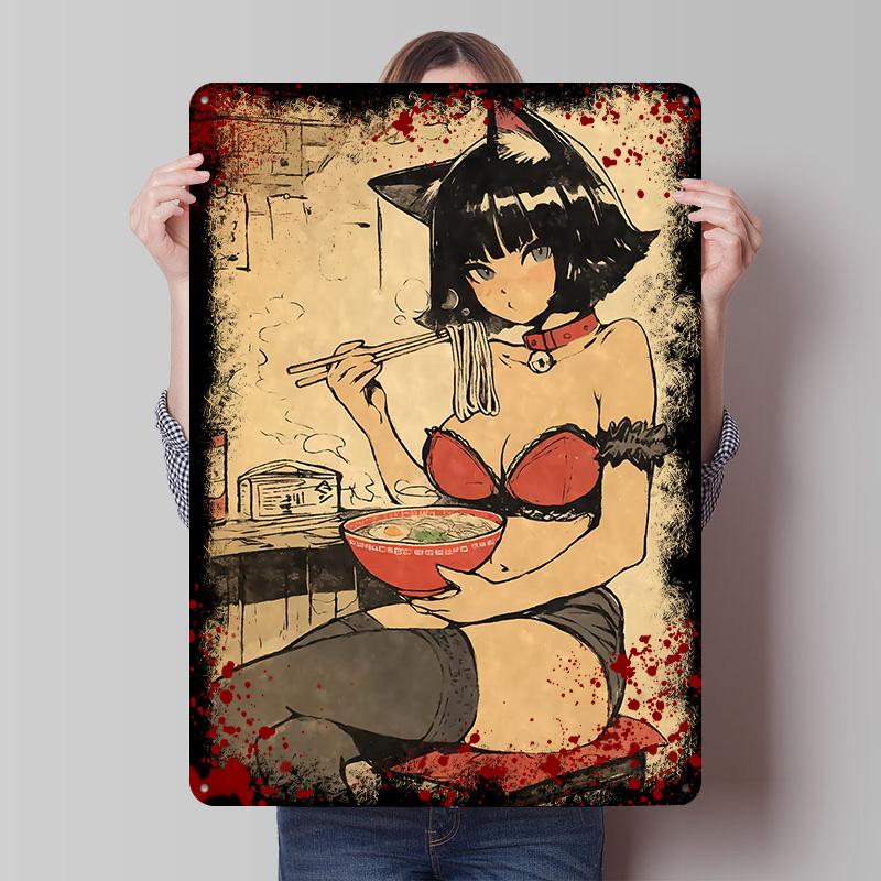 

Vintage Anime Catgirl Eating Ramen Tinplate Poster Customized Wall Art Vintage Metal Signs Retro Tin Plaque for Bar Accessories 20x30cm（7.8x11.8inch）