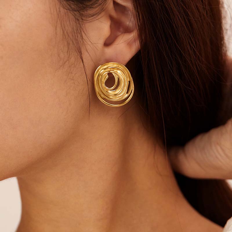 Stainless Steel Metal Oval Line Stud Earrings For Women Exaggerated Gold Color Geometric Earrings Jewelry Accessories