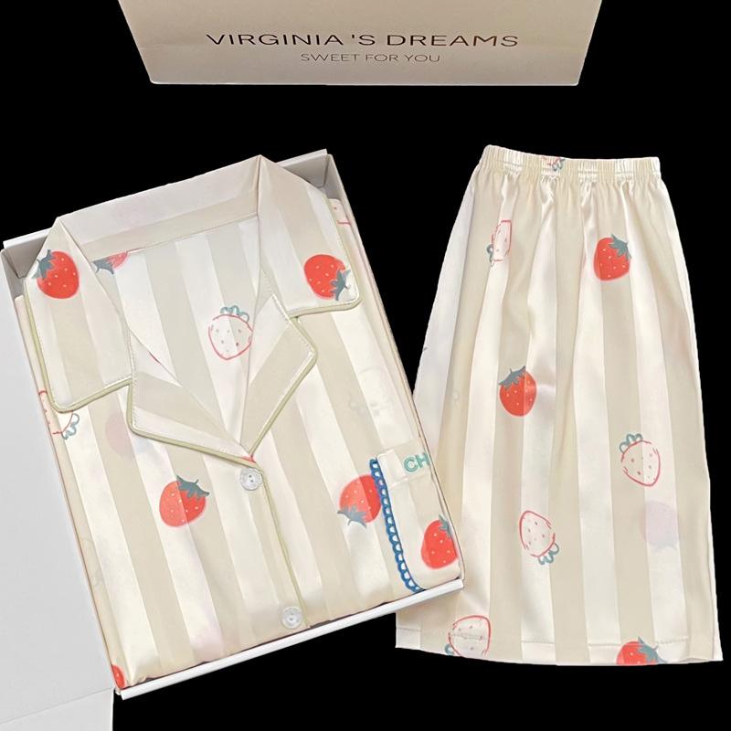 Sweet Strawberry Ice Silk Pajamas Women'S Summer Short Sleeve Shorts Silk Loungewear Set