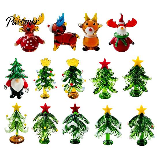 Decorative Colorful Glass Tree Christmas Figurine, Handmade Santa Deer Desk Decor, Unique Desktop Gift Miniature Holiday Tabletop Ornament for