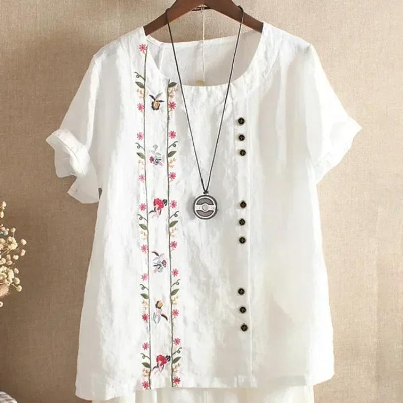 

Fashion Flower Embroidery Cotton Linen Shirt Casual Summer Women O-neck Short Sleeve White Pullover Top Elegant Street Blous XS белый