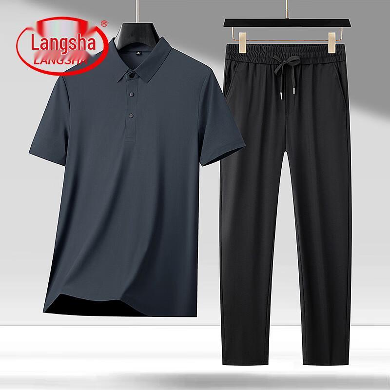 LangSha Men's Ice Silk Short Sleeve Polo Set