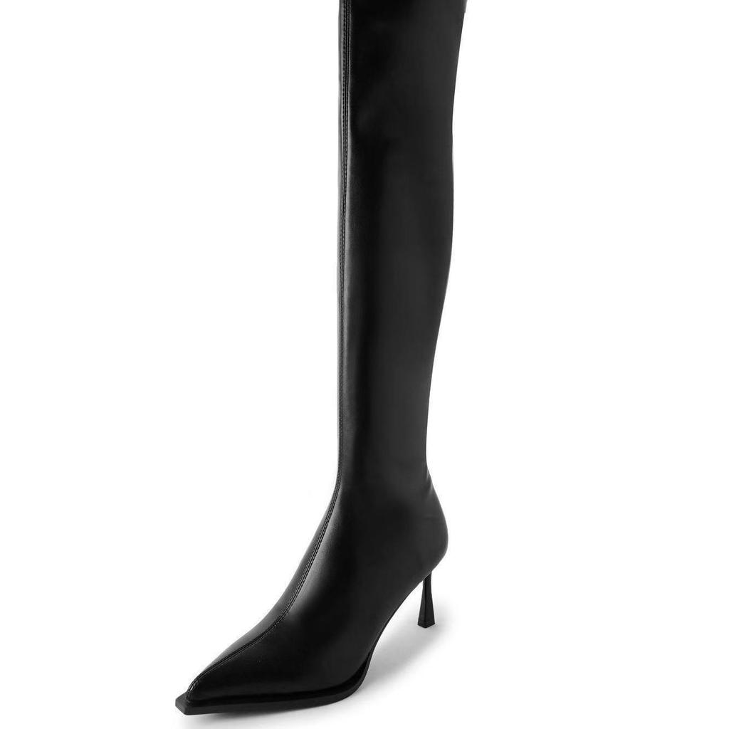 Pointed elastic high-heeled knee boots for women's autumn and winter new sexy thin-heeled leather-faced spice girls thin boots