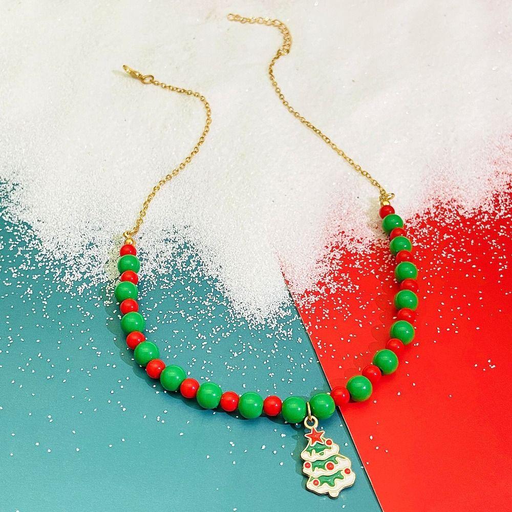 Clavicle Chain Rice Beaded Chain Christmas Tree Cartoon Pendant Choker Christmas Necklace  Festival