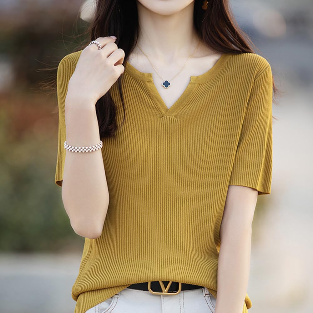 Knit Summer Short Cool to the Cut and Everyday Summer [Yino] Women's Sweater, Knit, Ribbed, Sleeve, V-Neck, Top, Stretchy, Touch, Thin, Versatile,