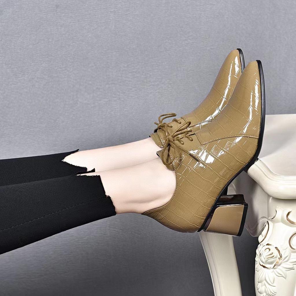 Fashion Pointed High Heels Autumn New Thick Heel Lace-up Small Leather Shoes Cow Patent Leather Deep Mouth Women's Shoes