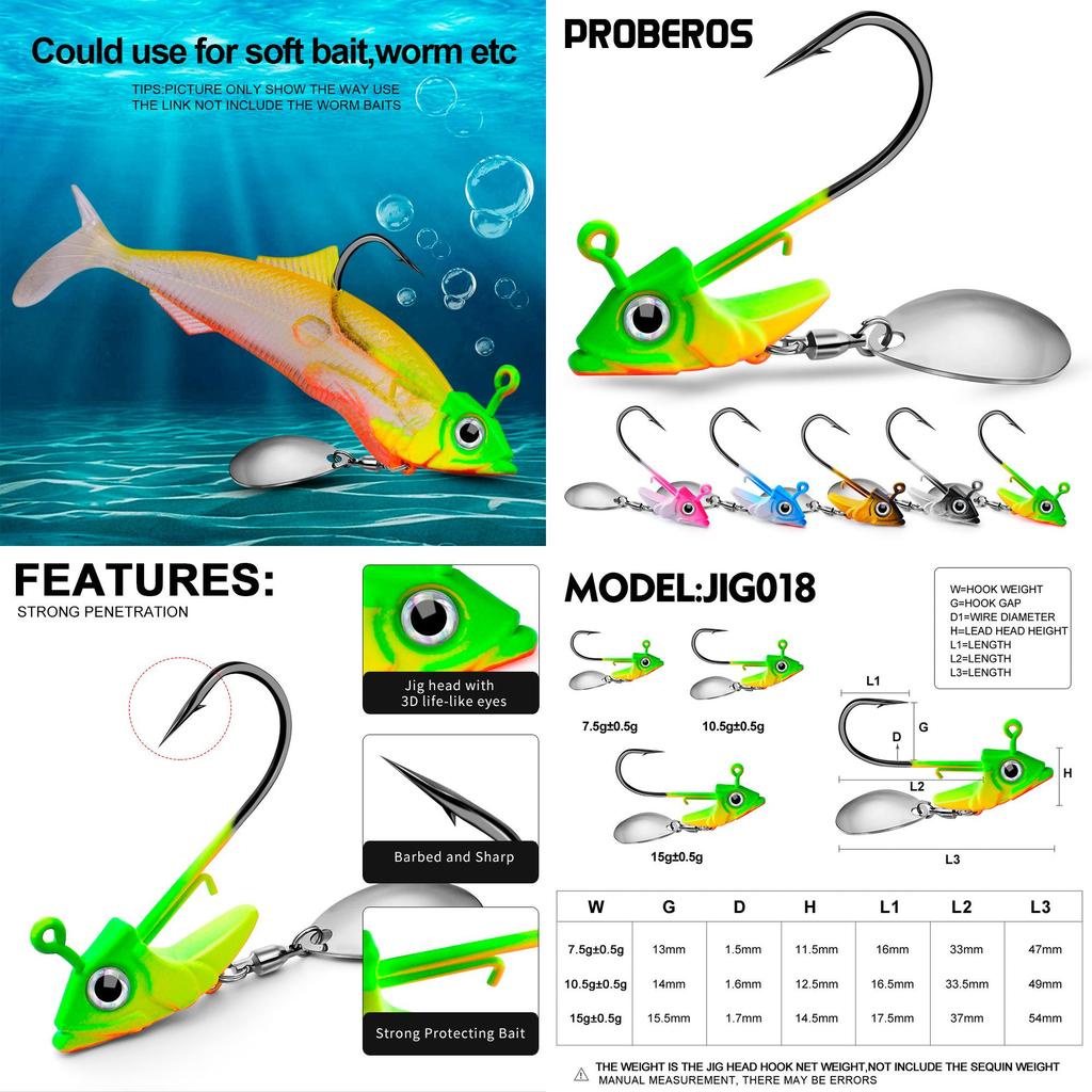 Nalucă de pescuit Proberos Jig018 cu cap de plumb și corp moale Greutate 7g 10g 15g Ideală pentru pescuitul la fund în America de Nord