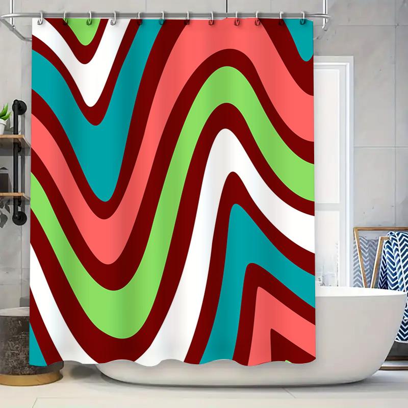 

Colorful Wavy Shower Curtain For Modern Bath Decor: Green Red Blue White Stripes Waterproof Fabric Shutter Curtains W60H190(CM)-1 Pcs