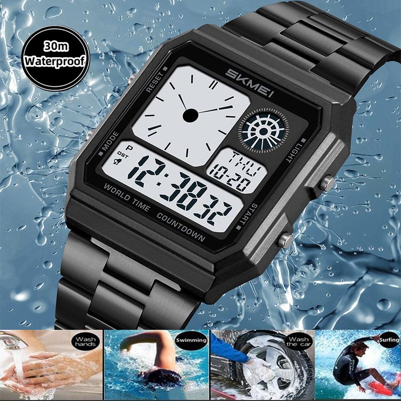 Skmei Electronics Sports Watches for Mens Classical Analog Digital Display Multiple Time Zone LED Waterproof Male 5 Alarm Clock