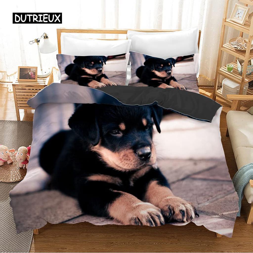 Rottweiler Duvet Cover Twin Black Rottweiler Twin Bedding Set Animal Theme for Dog Lover Polyester Double Queen King Quilt Cover