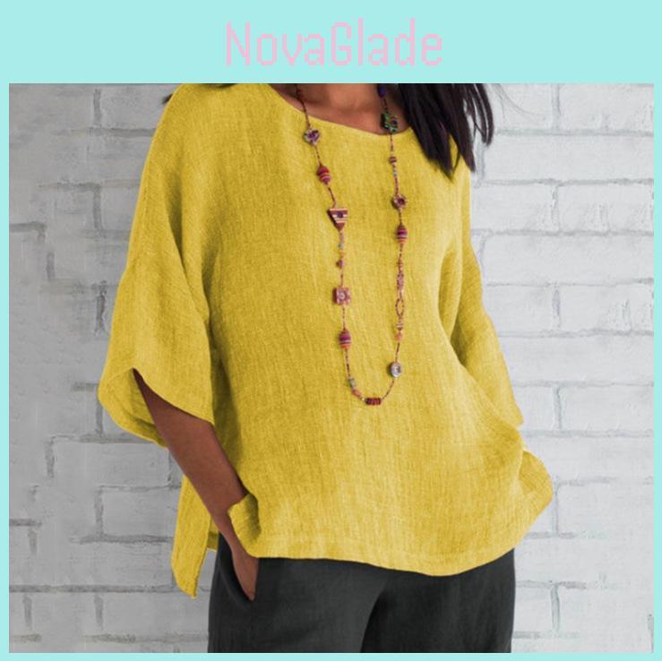 Cotton Linen Blouse For Women With Round Neck And Seven Quarter Sleeves For Casual Office Wear