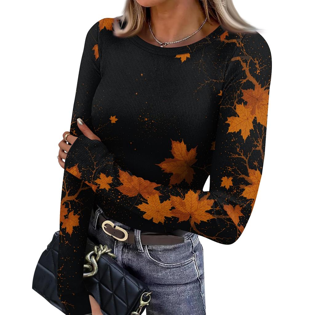 Women's Slim Fit Long Sleeve Neck T-Shirt with Leaf Print and Thumb Holes for Casual Everyday Wear
