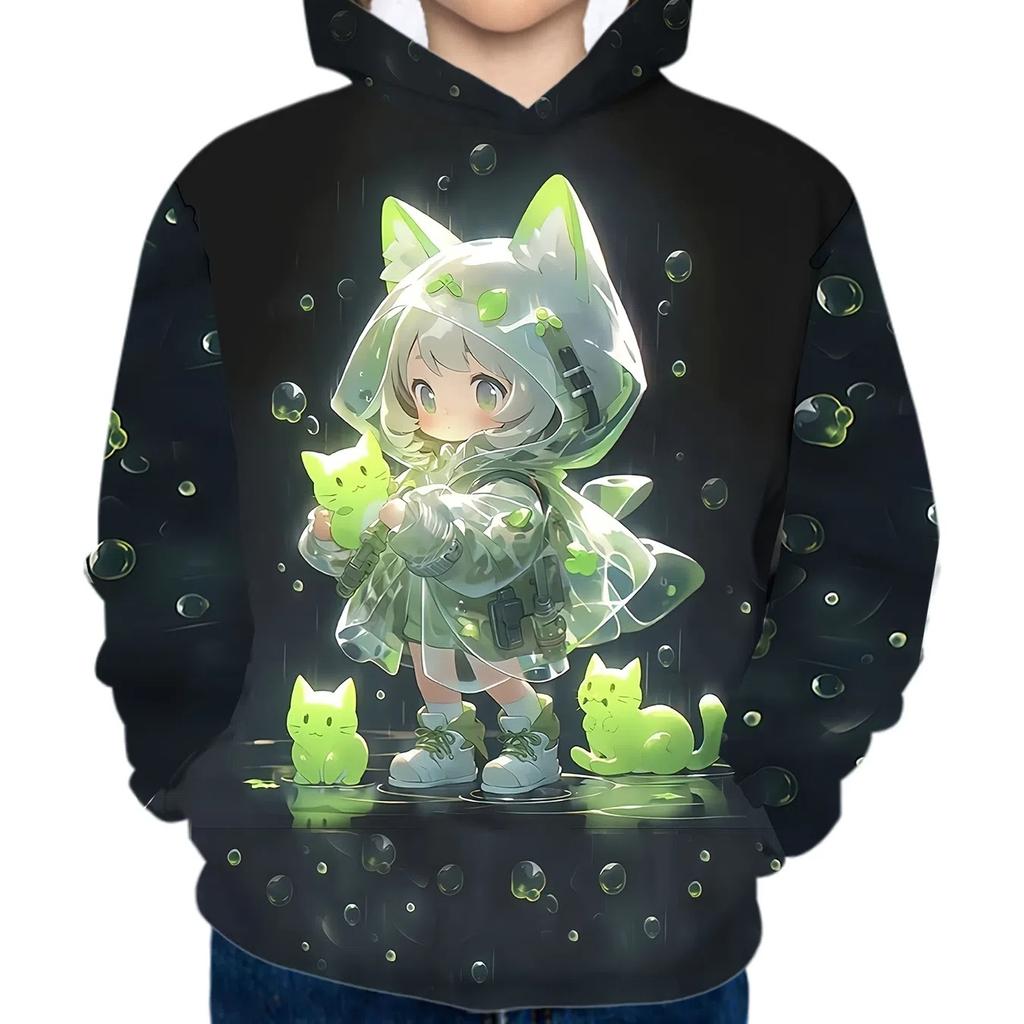Girl's Cute Anime Girl and Cat 3D Pattern Trendy Hoodie Loose Casual Comfy Tops Hooded Sweatshirts for Kids Fall Winter Clothing