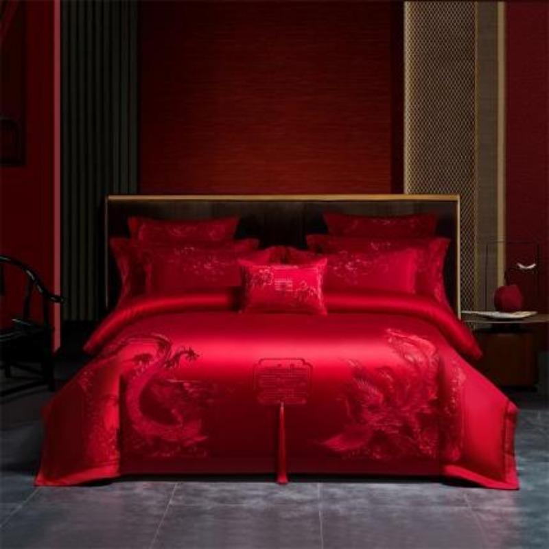 New Chinese style big red embroidery wedding quilt cover polished wedding room bedding wedding four-piece multi-piece set