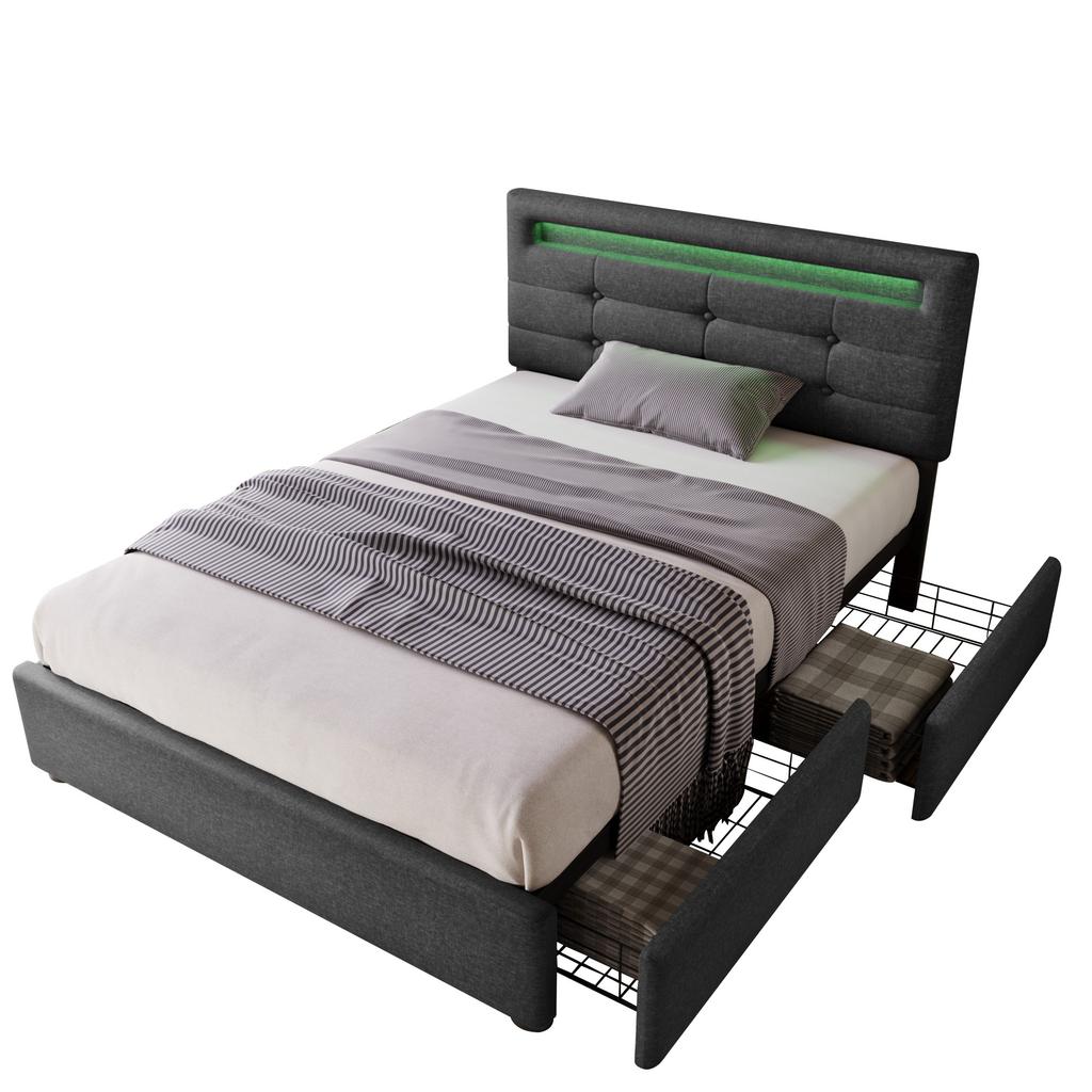 Bed Frame with LED Lighting and 2 Drawers, Single Upholstered Bed 90x200cm, Height-Adjustable Headboard, Wooden Slatted Frame, Grey (Without Mattress)