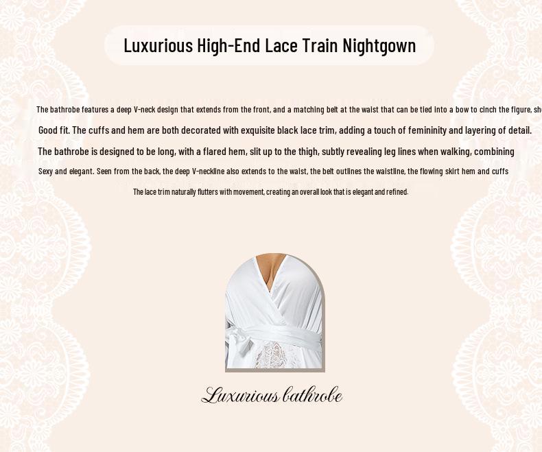 Black & White Satin Morning Robe with Flared Sleeves, Lace Accents, Long Style, Tie Belt, and Train Hem