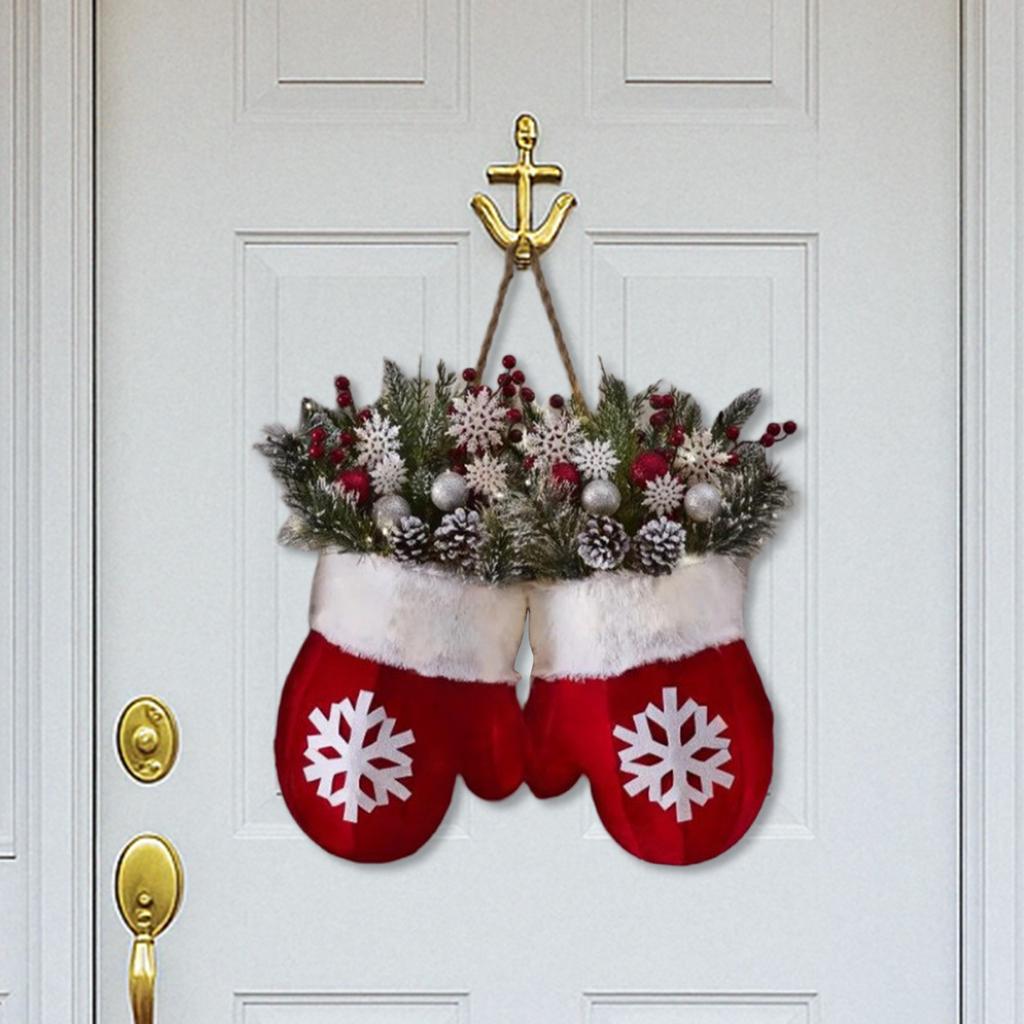 Twinkling Christmas Mitten Wreath Front Door Artificial Garland Holiday Wreath for Wall Window Fireplace Holiday Home Decor
