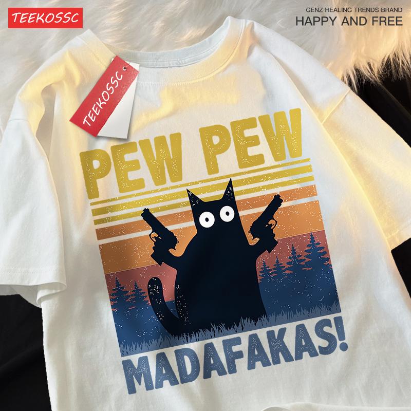 Pew Pew Madafakas Doppelpistole Katze Kurzarm Übergroße Atmungsaktive T-Shirts Baumwolle Sommerkleidung Street Casual T-Shirt Männer