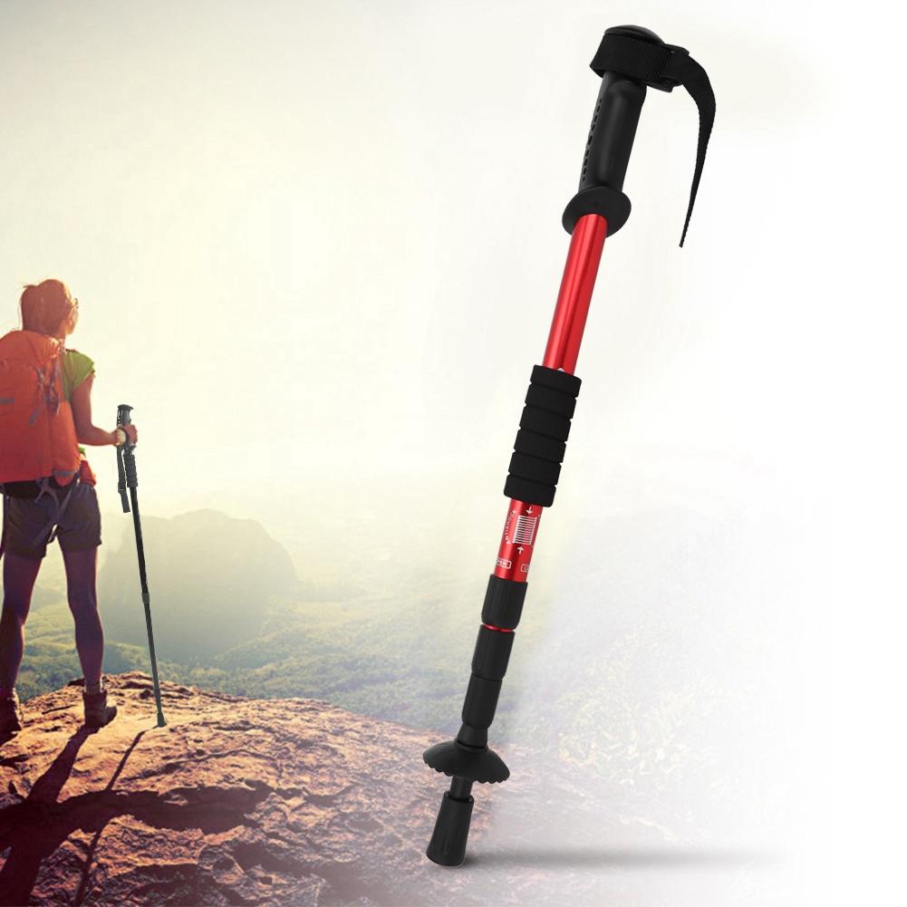 Outdoor Aluminium Alloy 4 Sections Suspension Straight Handle Trekking Pole Walking Stick Alpenstock for Climbing