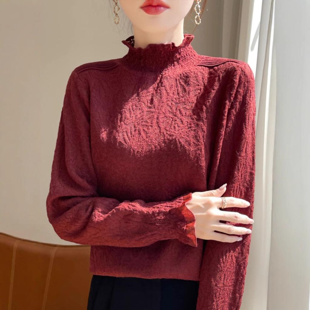 New Autumn and Winter Style Small-scented Style Lace Earrings Half-high Neck Bottoming Shirt for Women Super Fashionable Sweater Underwear