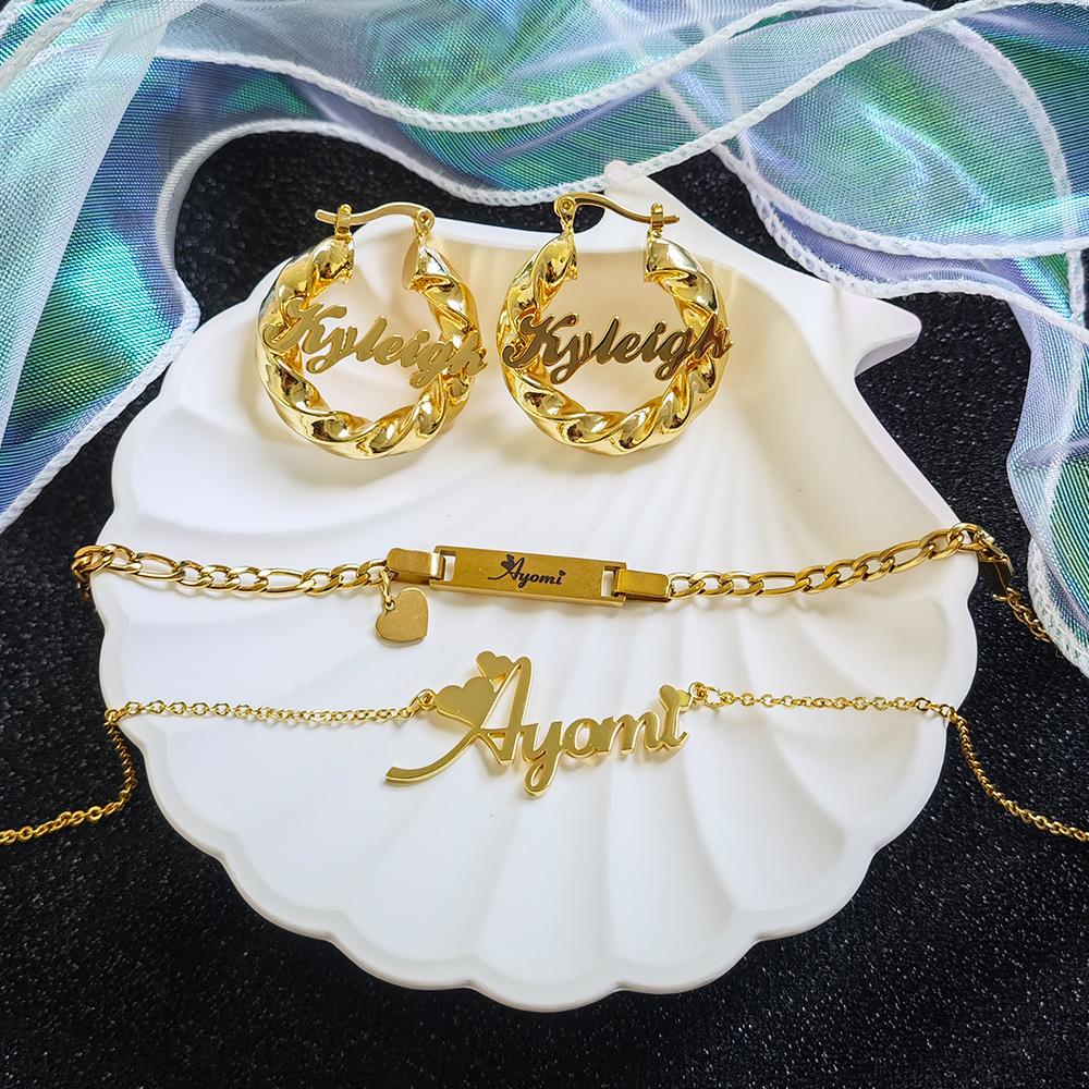 QIUHAN OEM 18k Gold Stainless Steel Heart Kid Custom Name Jewelry Set picture золотой