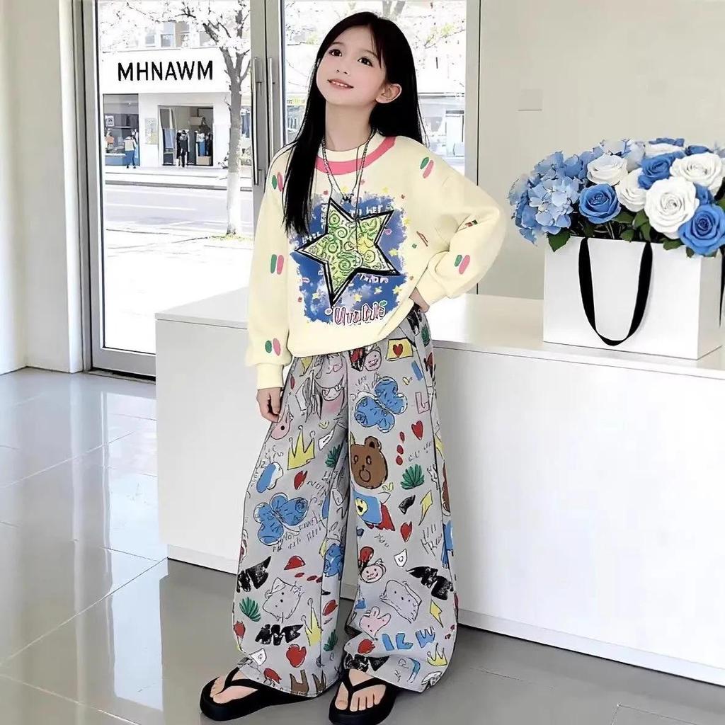 Girls' Casual Hoodie & Wide-Leg Pants Set - Cartoon Print, Versatile Two-Piece for Spring & Autumn