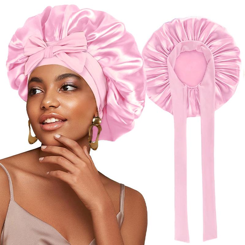 Elastic Ribbon Solid Color Shower Cap Wide Edge Round Bathing Hat Multifunctional For Sleeping Nightcap Knotted Headband Headsca