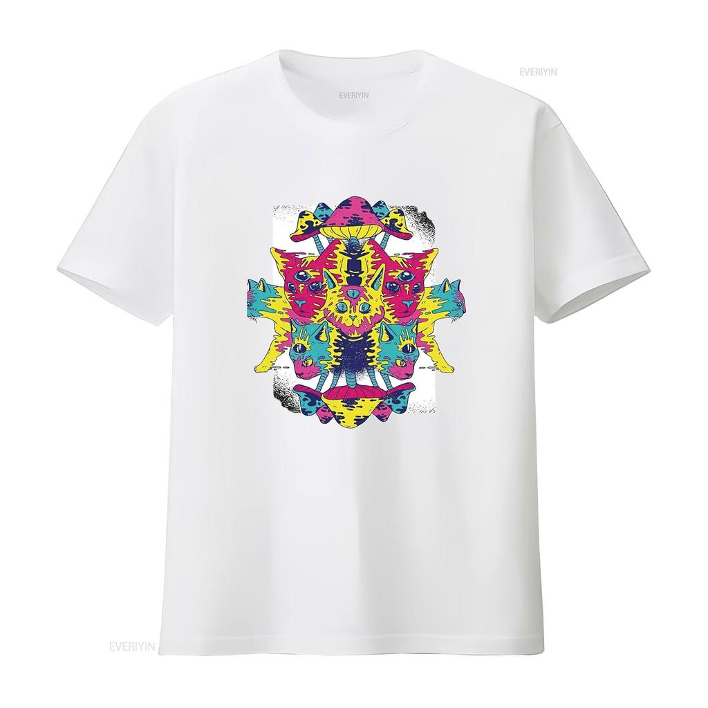 Herren Ideen für Katzenliebhaber Psychedelische Kätzchen und Pilze Design Schwarz Mehrfarbig T-Shirt vintage Gewaschen Dehnbar Stilvoll