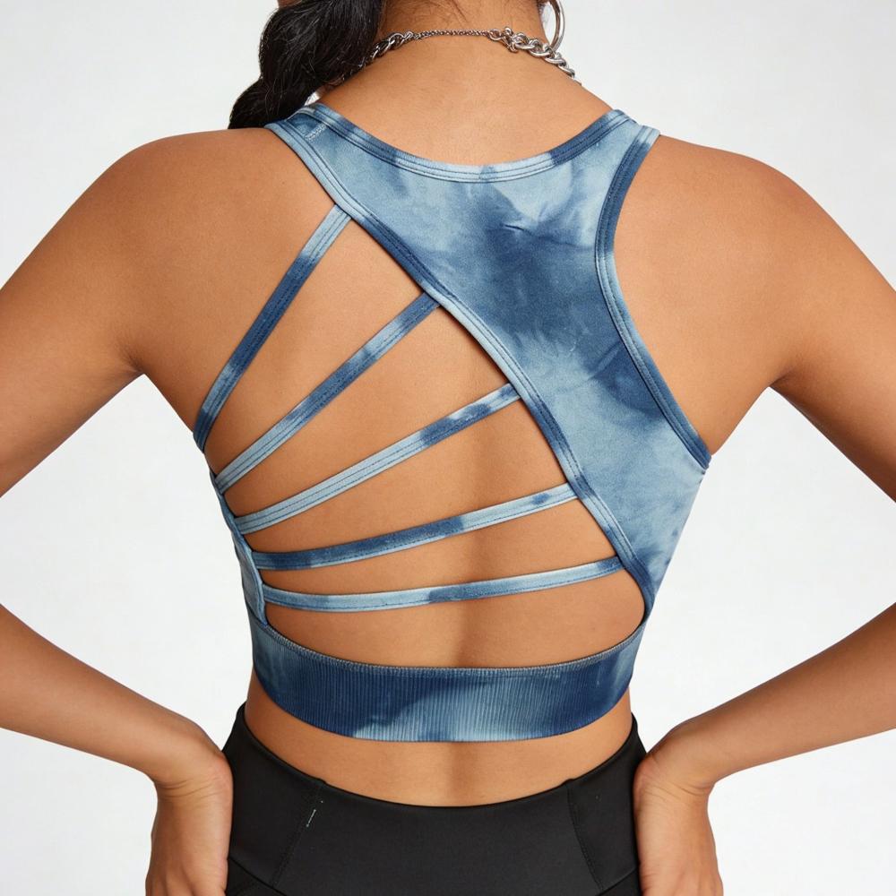 Damen Navy Blau Retro Batik-Rückenfreier BH mit Mehrfachträgern, Ausgesparter Stoßfester und Push-Up Yoga BH