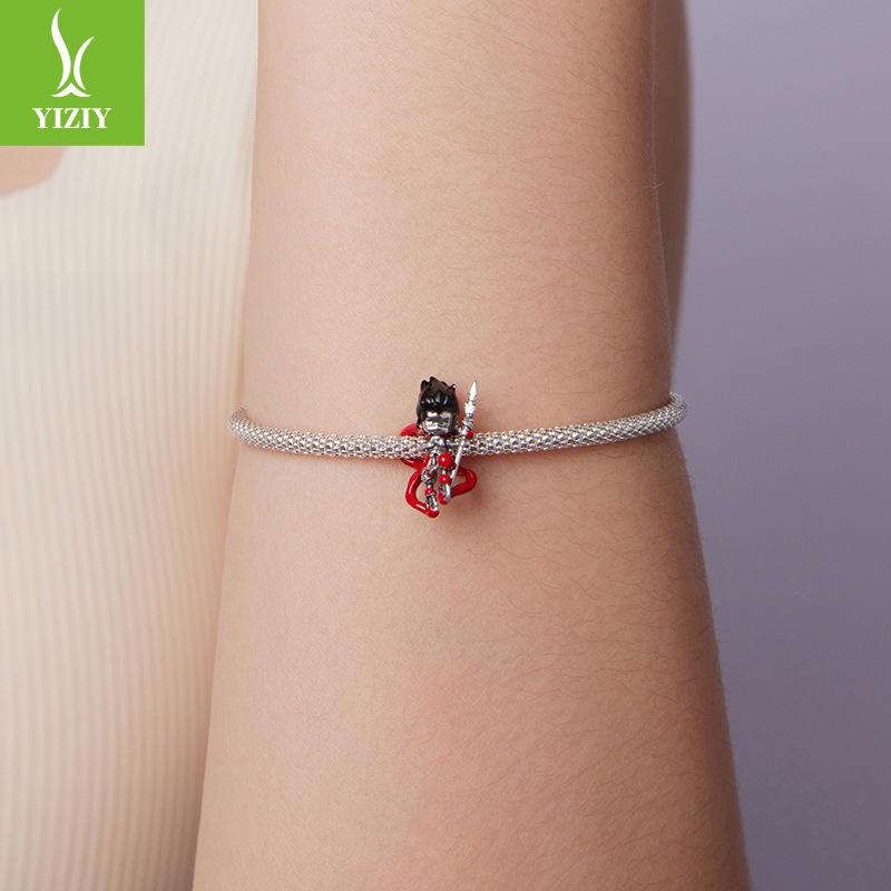 S925 Sterling Silver Nezha Bracelet Beaded National Tide Style Animation Diy Beads Loose Bead Jewelry Accessories