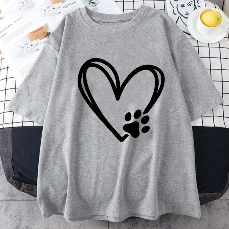 Heart Dog Footprint Print Short Sleeve T-shirt Women's Slight Stretch Round Neck Loose Casual Tee Summer T Shirt for Women