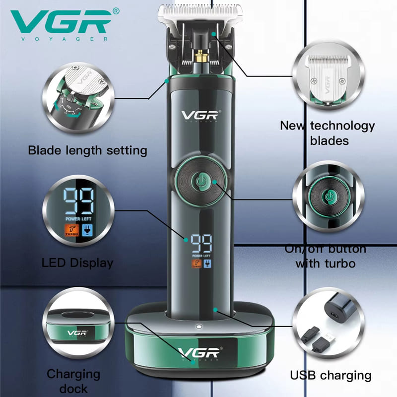 VGR 671 Professional Men's Electric Hair Clipper with Stainless Steel Blade and Long Battery Life Base Charging High-power Shaving Clipper LCD Display