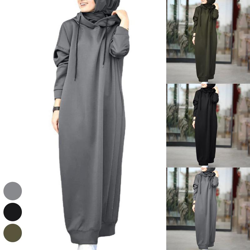 Muslim Dress Women Sweatshirt Dress Stylish Hoodies Long Sleeve Maxi Dress Female Casual Solid Hooded Vestidos Robe S-3XL