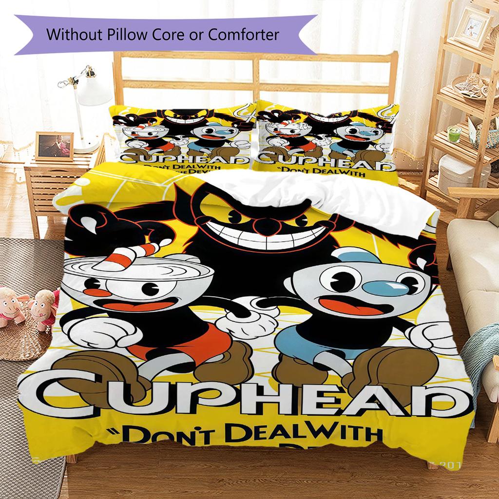 Cuphead Bettwäsche Steppbett Set Bettbezug Kissenbezug Heimdekoration Geburtstagsgeschenk (1 Bettbezug + 2 Kissenbezüge, ohne Füllung)