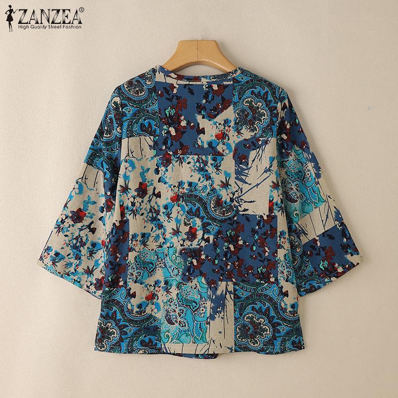 ZANZEA Blusa informal holgada con estampado étnico y mangas 3/4 para mujer
