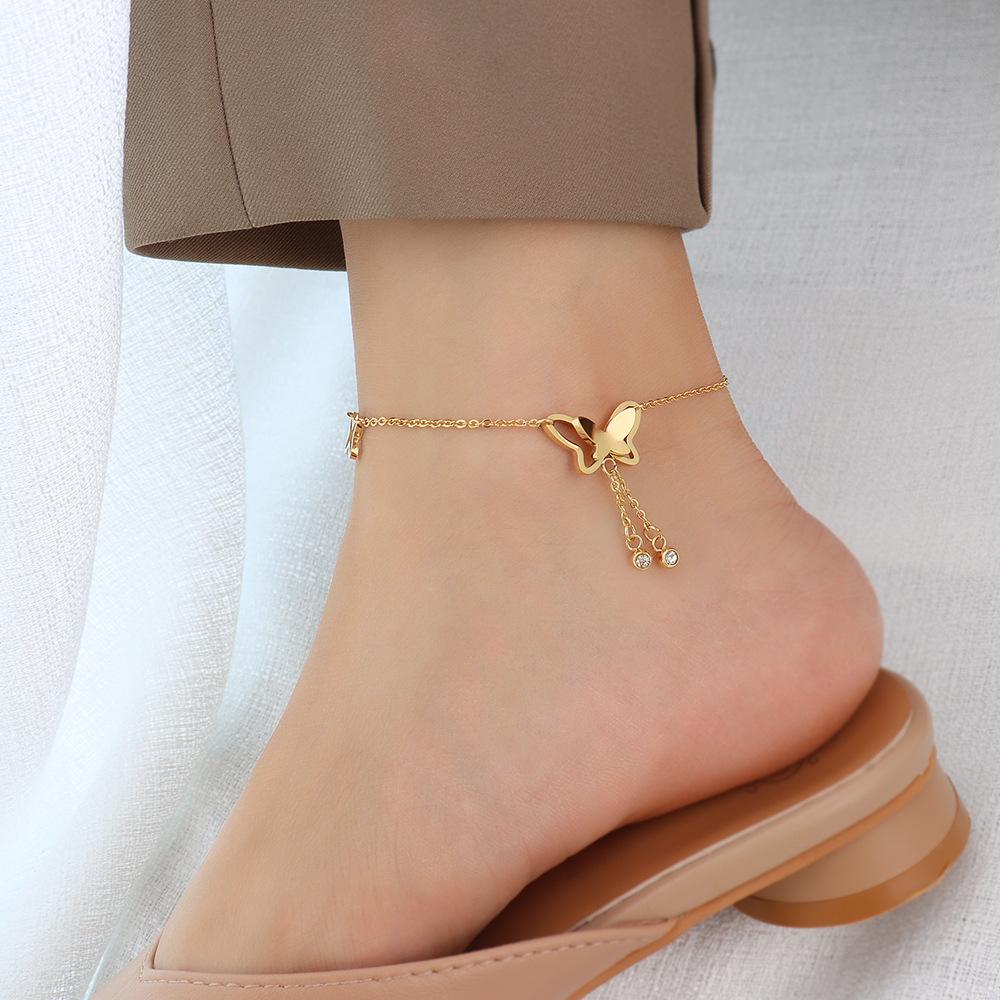 18K Gold Titanium Steel Anklet with Butterfly Design and Zircon Inlay