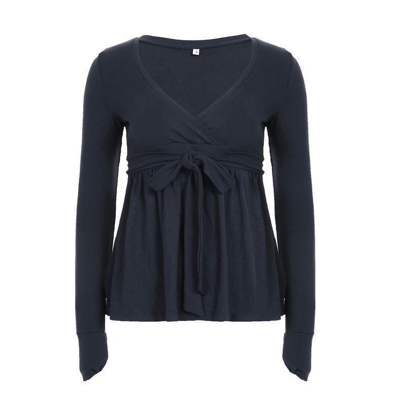 

Rockmore [French style Foundation] Cross Collar Lace-up Pleat Long sleeve Top Girl Slim fit Slimming Doll Shirt Dark Blue(No inside) S