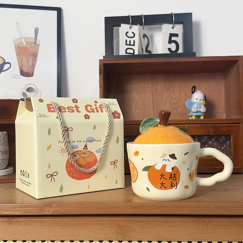 Cute Orange Cat Mug with Lid Creative Good Luck Cup Girls Home Coffee Cup Chinese New Year Gift